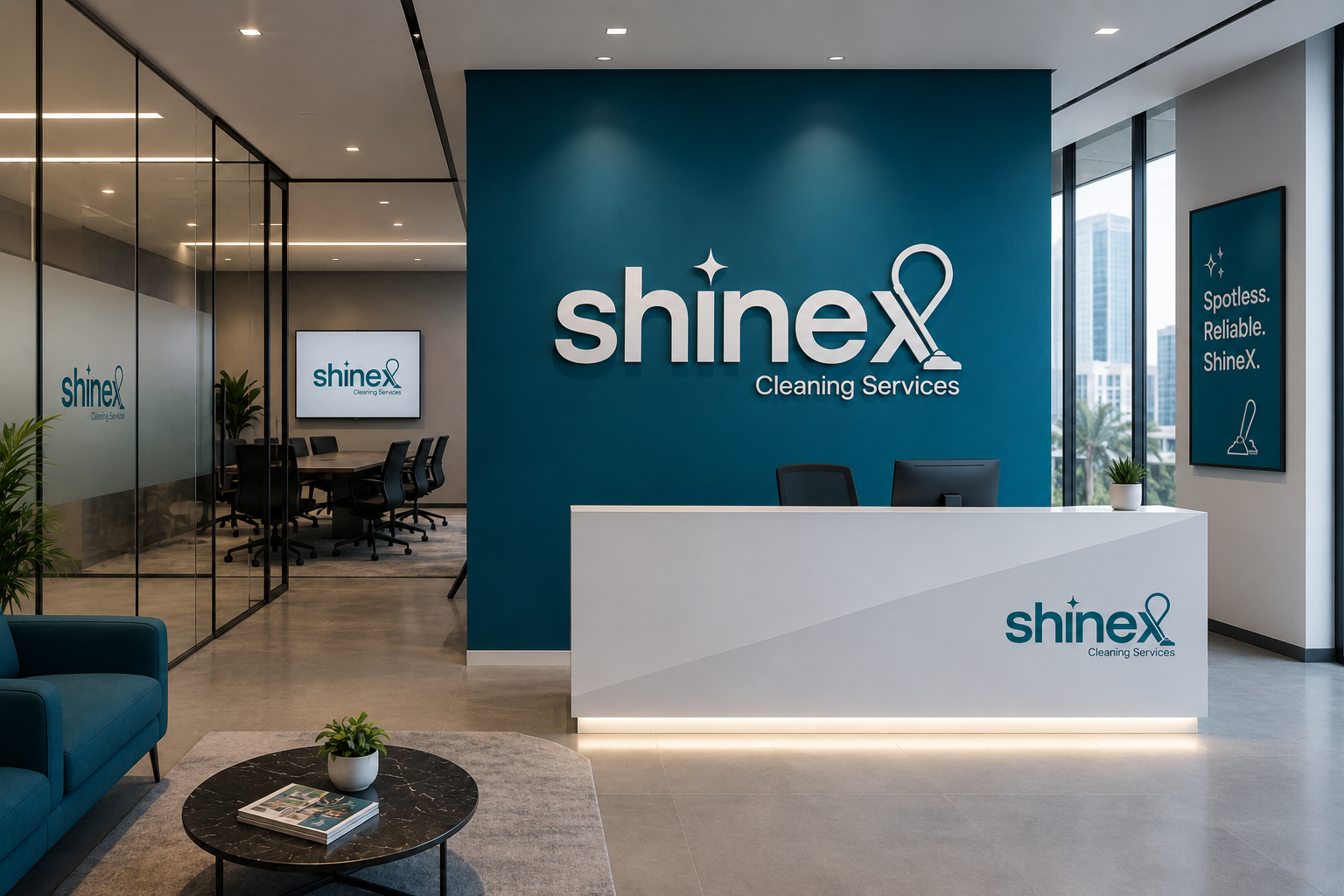 SHINEX office reception with branded signage