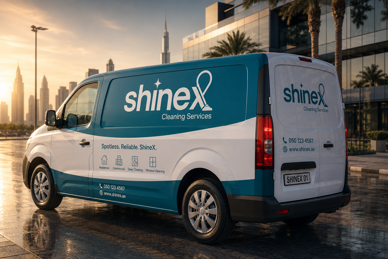 SHINEX branded service van in the city at sunset