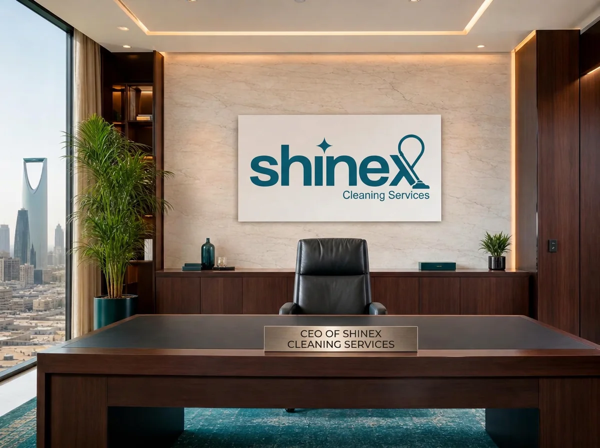 Premium SHINEX CEO office with branded wall logo and CEO title nameplate