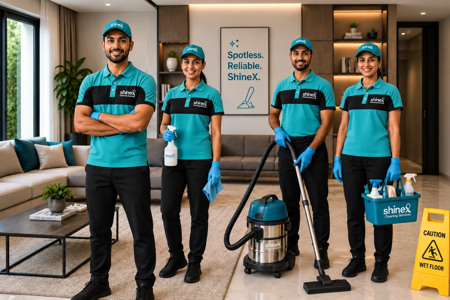 Four SHINEX cleaning professionals with branded equipment in a modern living room