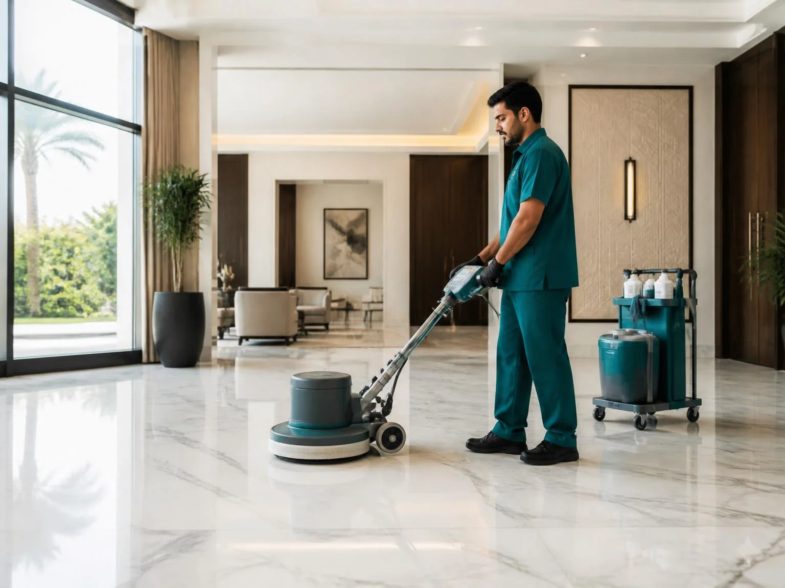 SHINEX professional polishing a glossy marble floor in a premium Riyadh interior