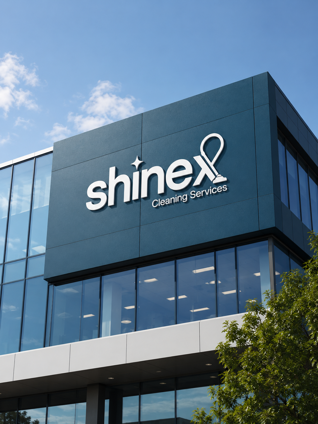 SHINEX branded signage on a modern office building