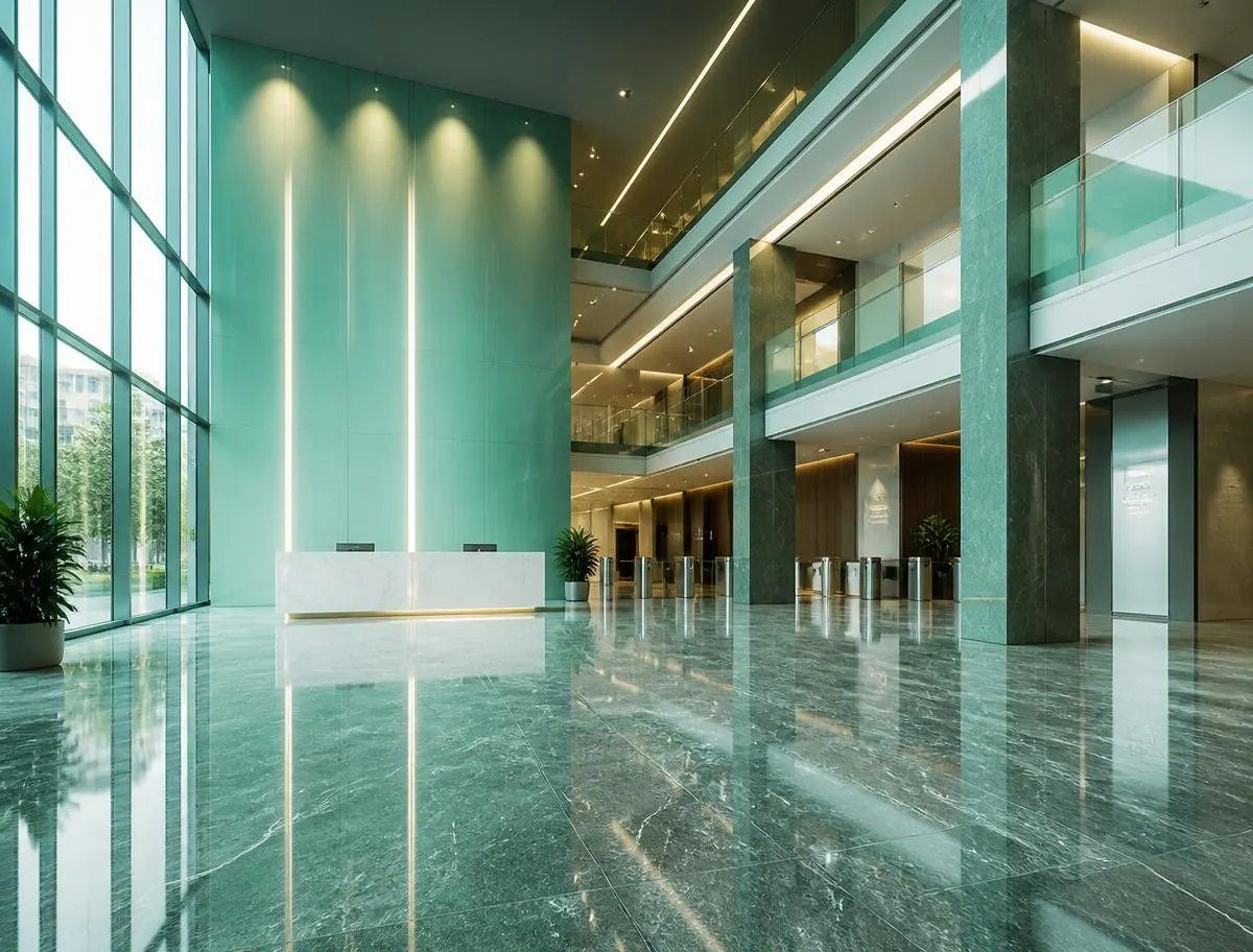 Professional floor scrubbing machine cleaning a polished commercial retail floor