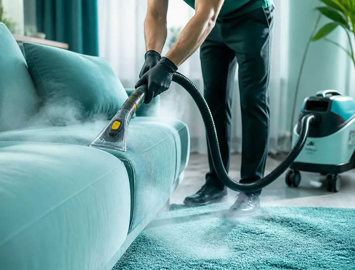Gloved hands deep cleaning and polishing a modern kitchen countertop