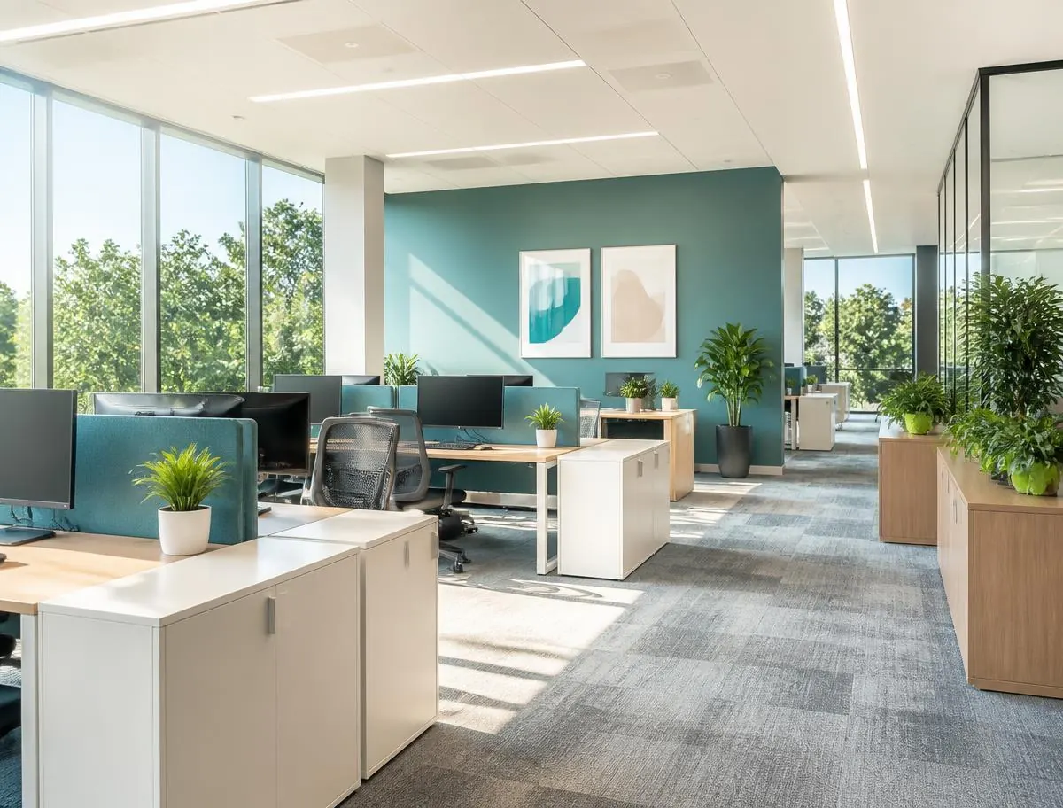 Immaculately clean modern open-plan office with natural daylight