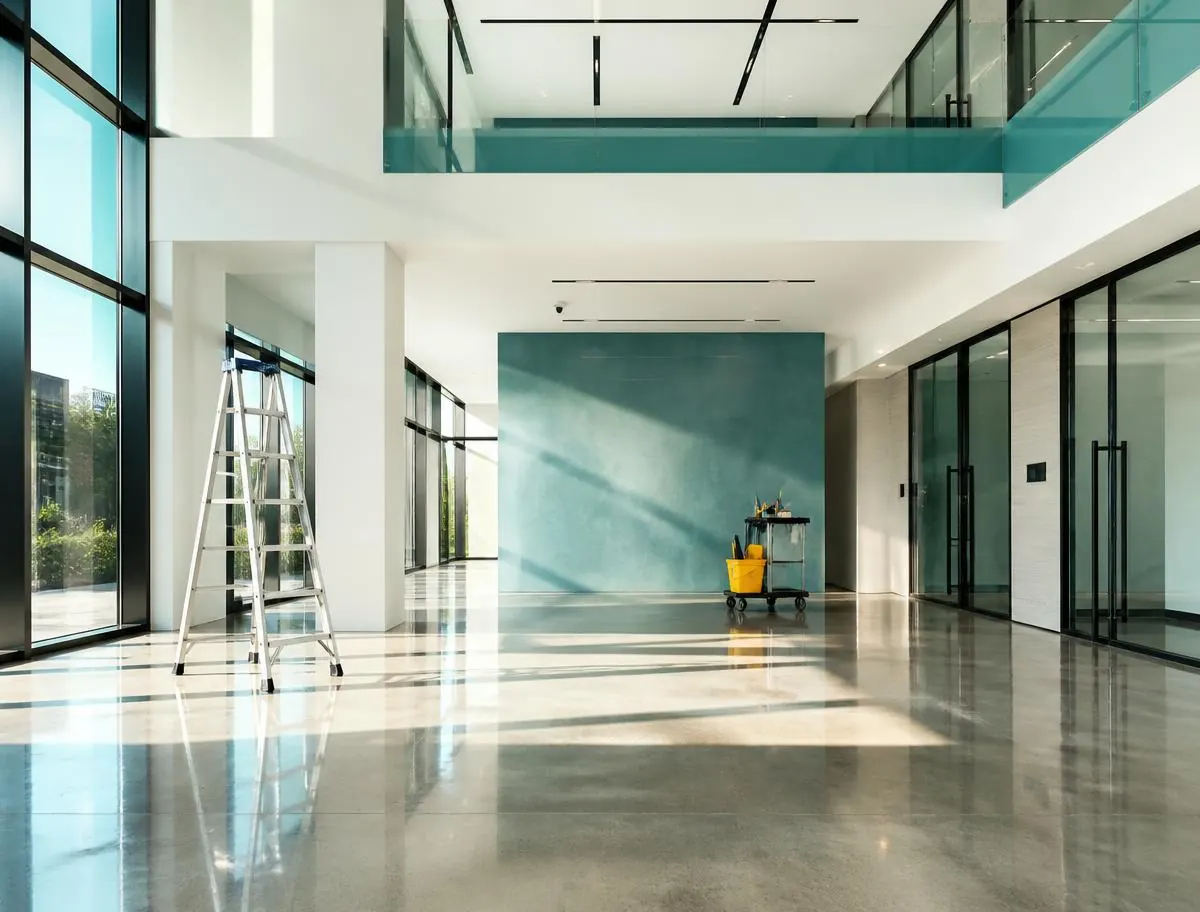 Cleaning professional removing construction dust from a newly finished building interior