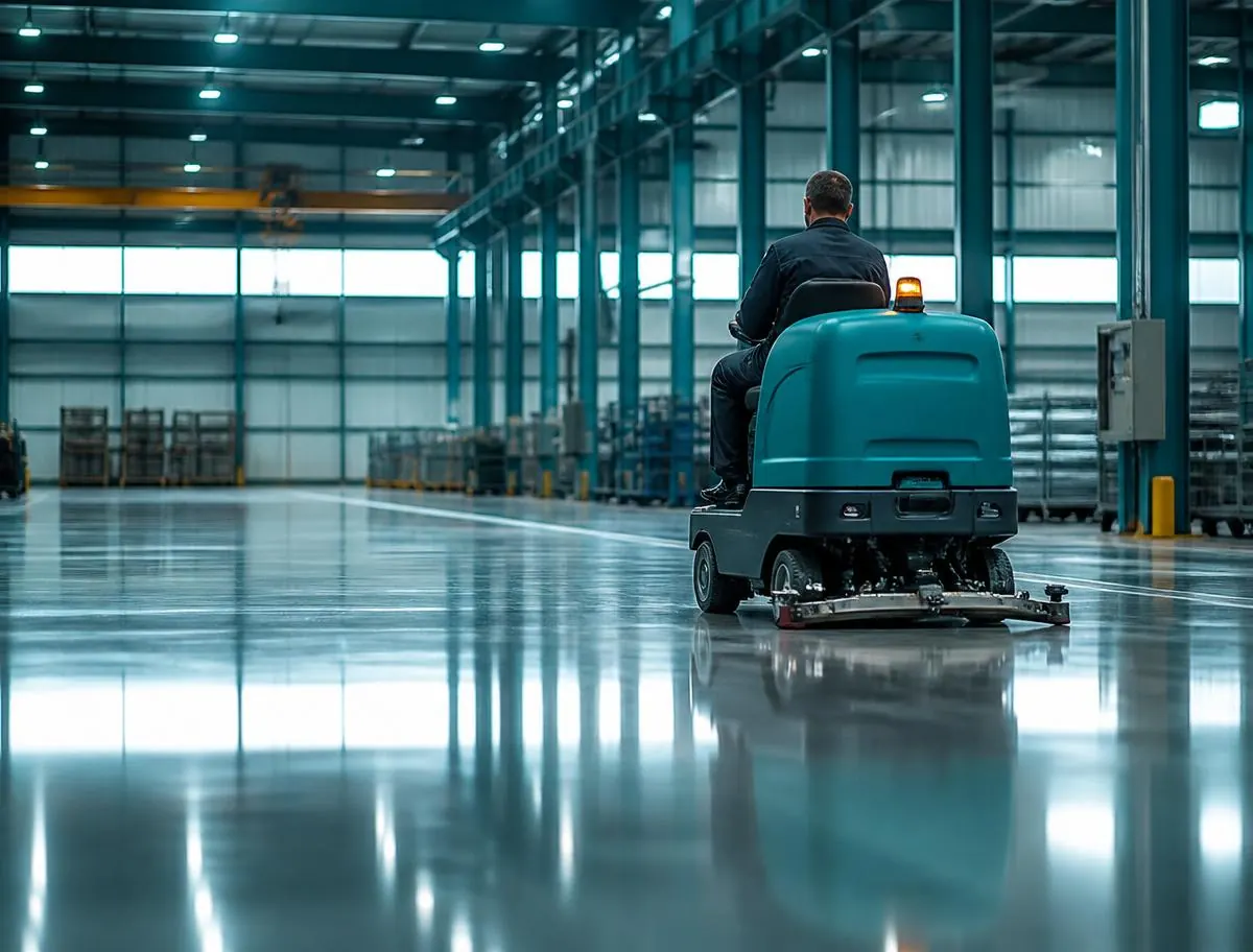 Technician in protective equipment performing specialized industrial floor cleaning